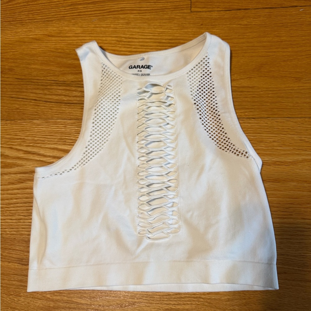 Garage Ribbed High Neck Lace-Up Tank Top in White Size Small